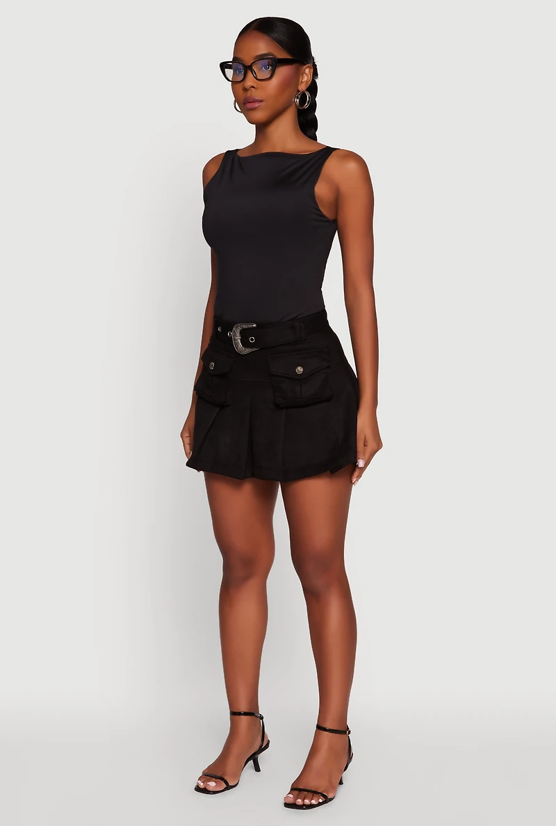 Womens Faux Suede Pleated Cargo Skirt with Western Buckle Belt, Black, Size XL