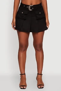 Womens Faux Suede Pleated Cargo Skirt with Western Buckle Belt,