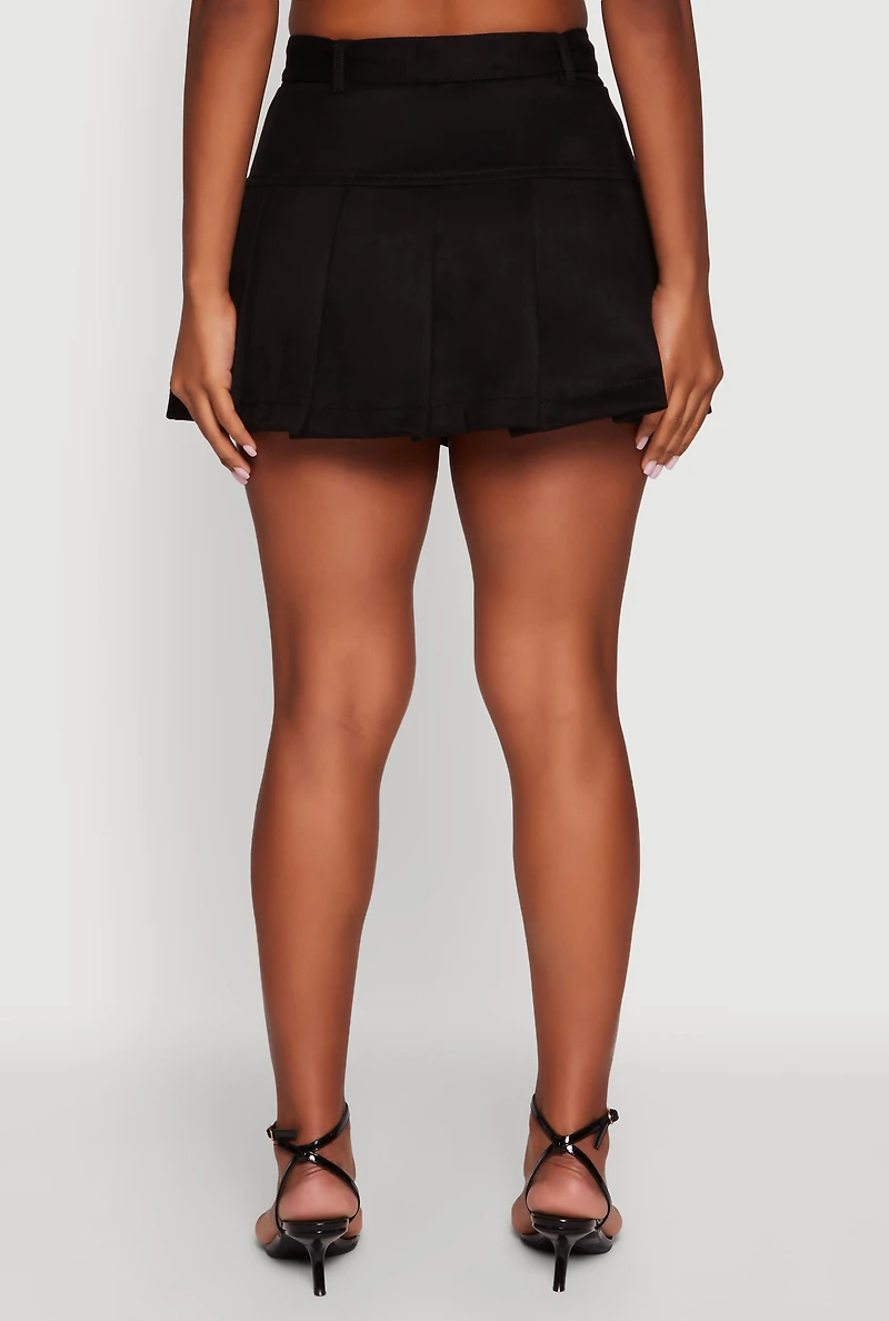 Womens Faux Suede Pleated Cargo Skirt with Western Buckle Belt, Black, Size XL