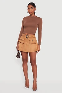 Womens Faux Suede Pleated Cargo Skirt with Western Buckle Belt, Brown,