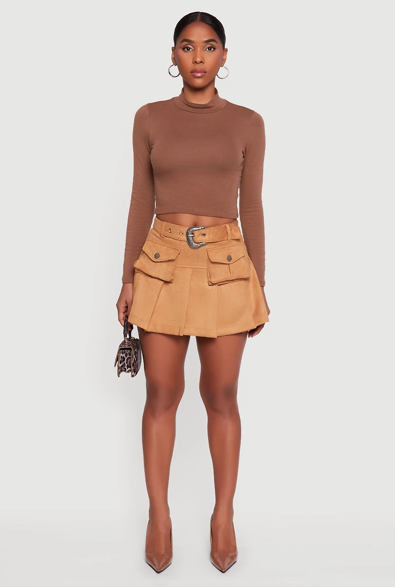 Womens Faux Suede Pleated Cargo Skirt with Western Buckle Belt, Brown, Size S
