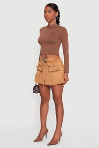 Womens Faux Suede Pleated Cargo Skirt with Western Buckle Belt, Brown,