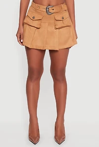 Womens Faux Suede Pleated Cargo Skirt with Western Buckle Belt, Brown,