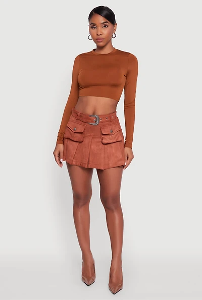 Womens Faux Suede Pleated Cargo Skirt with Western Buckle Belt, Brown,