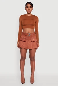 Womens Faux Suede Pleated Cargo Skirt with Western Buckle Belt, Brown,
