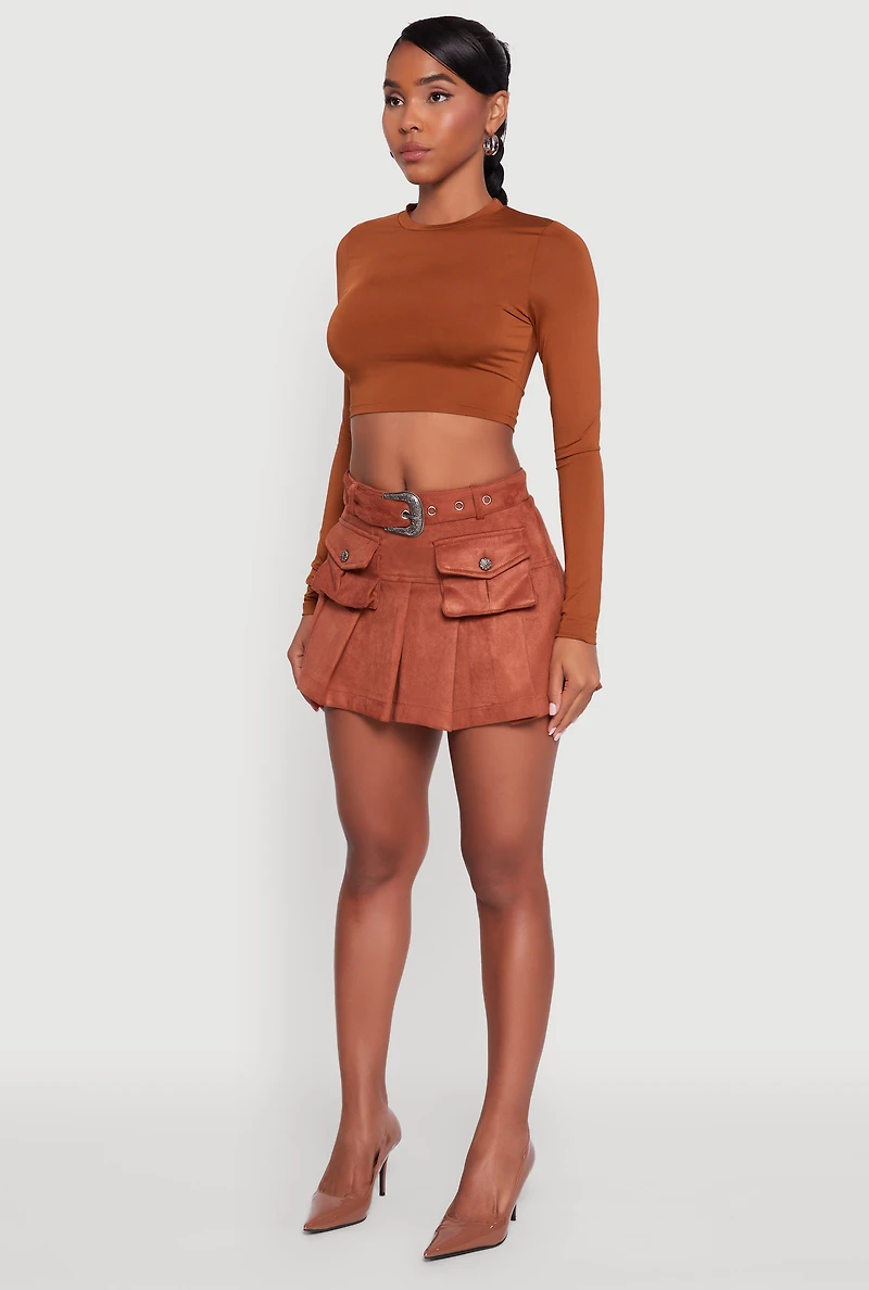 Womens Faux Suede Pleated Cargo Skirt with Western Buckle Belt, Brown,