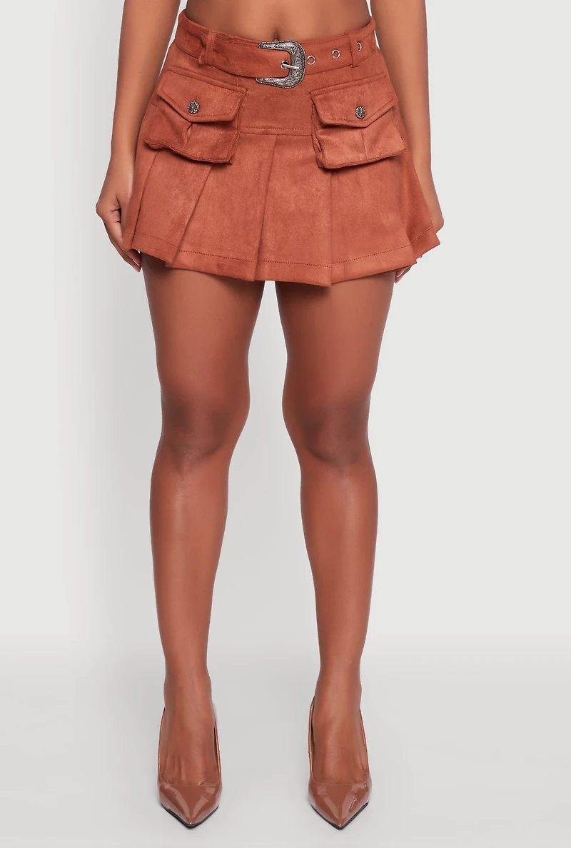 Womens Faux Suede Pleated Cargo Skirt with Western Buckle Belt, Brown,