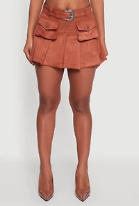 Womens Faux Suede Pleated Cargo Skirt with Western Buckle Belt, Brown,