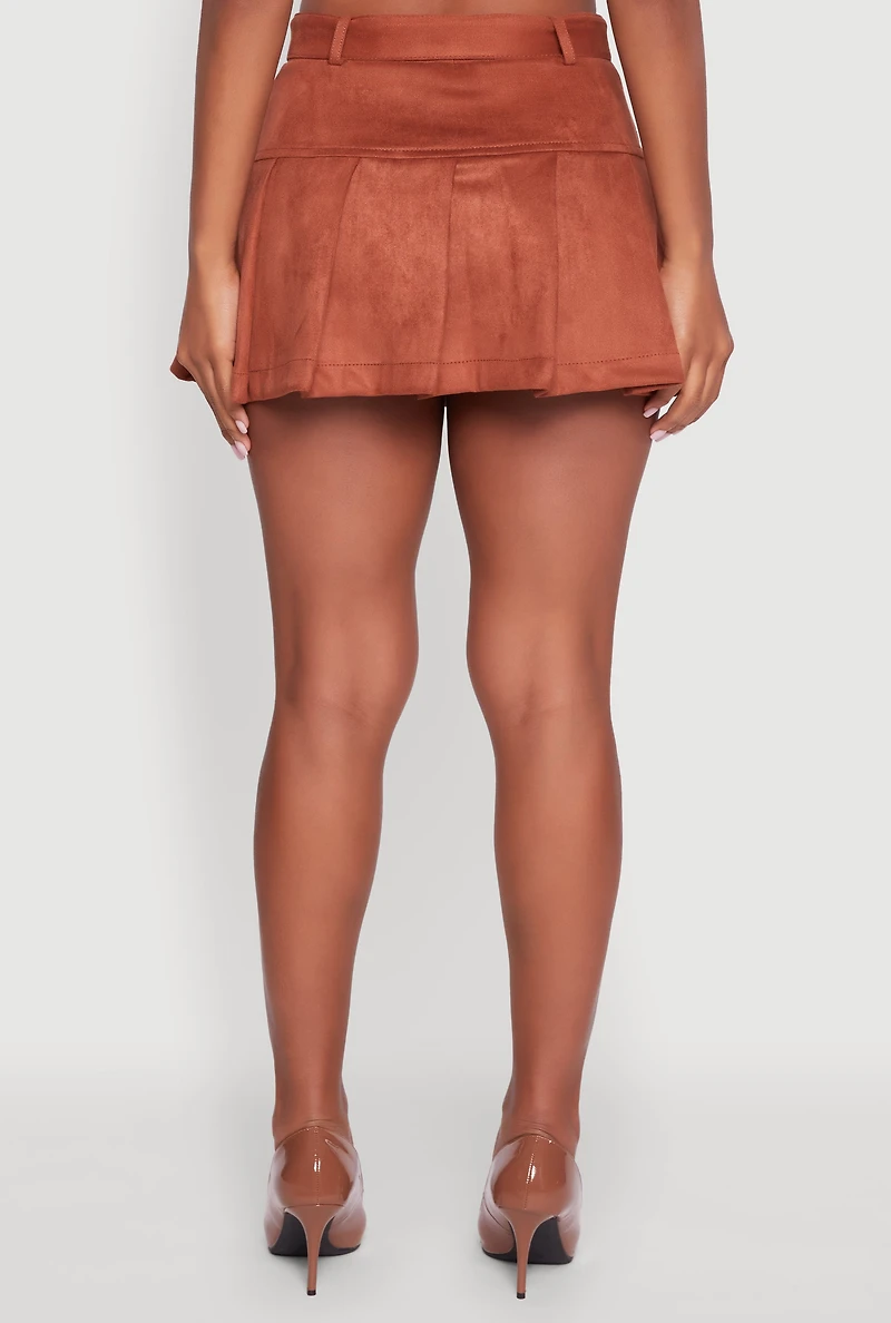 Womens Faux Suede Pleated Cargo Skirt with Western Buckle Belt, Brown,