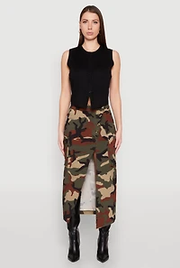 Womens Asymmetrical Front Slit Camo Cargo Skirt, Green, Size M