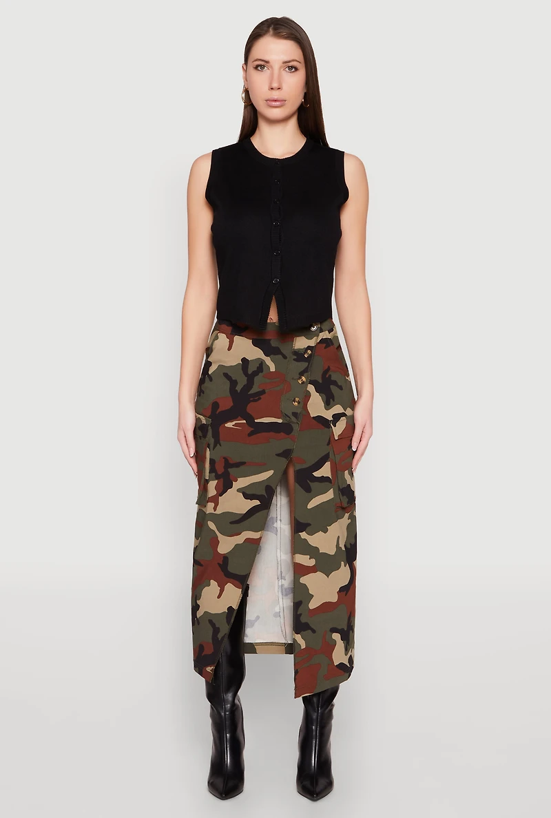 Womens Asymmetrical Front Slit Camo Cargo Skirt, Green, Size L