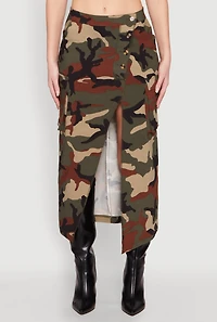 Womens Asymmetrical Front Slit Camo Cargo Skirt, Green, Size M