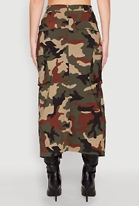 Womens Asymmetrical Front Slit Camo Cargo Skirt, Green, Size L