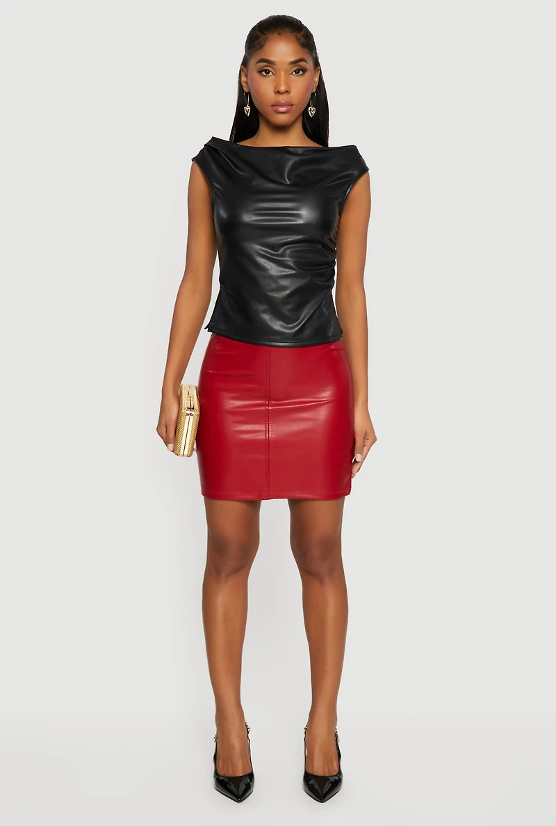 Womens Faux Leather Mini Pencil Skirt, Red, Size M