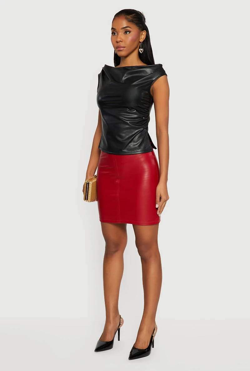 Womens Faux Leather Mini Pencil Skirt, Red, Size M
