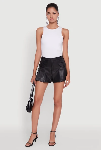 Womens Faux Leather High Waisted Pleated Belted Shorts, Black, Size M