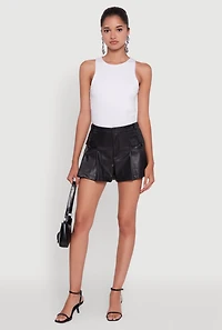 Womens Faux Leather High Waisted Pleated Belted Shorts, Black, Size L