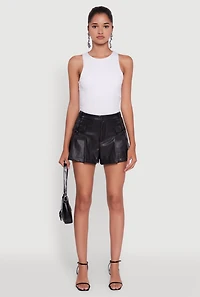 Womens Faux Leather High Waisted Pleated Belted Shorts, Black, Size S