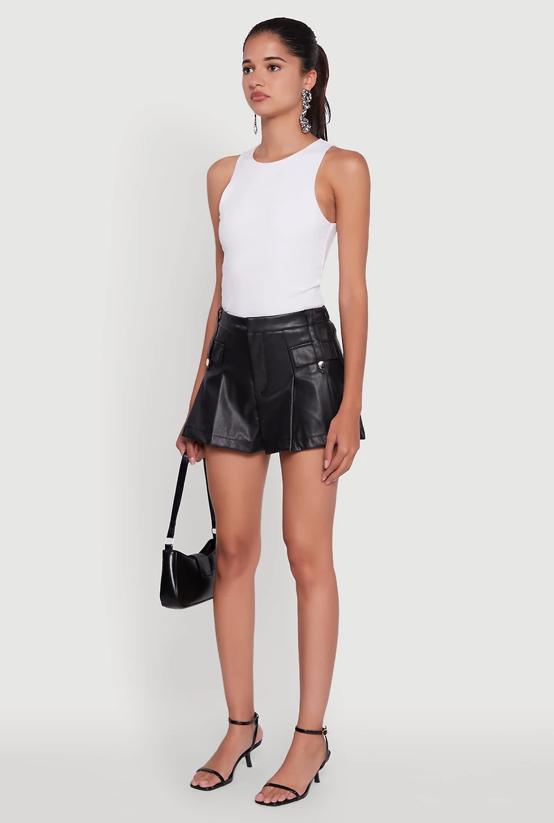 Womens Faux Leather High Waisted Pleated Belted Shorts, Black, Size L
