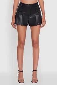 Womens Faux Leather High Waisted Pleated Belted Shorts, Black, Size L