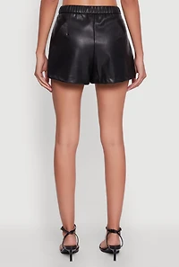Womens Faux Leather High Waisted Pleated Belted Shorts, Black, Size L