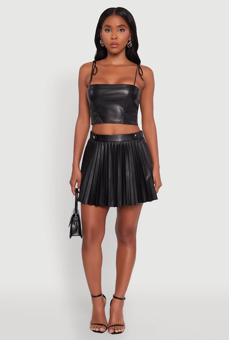 Womens Faux Leather Mini Pleated Skirt,
