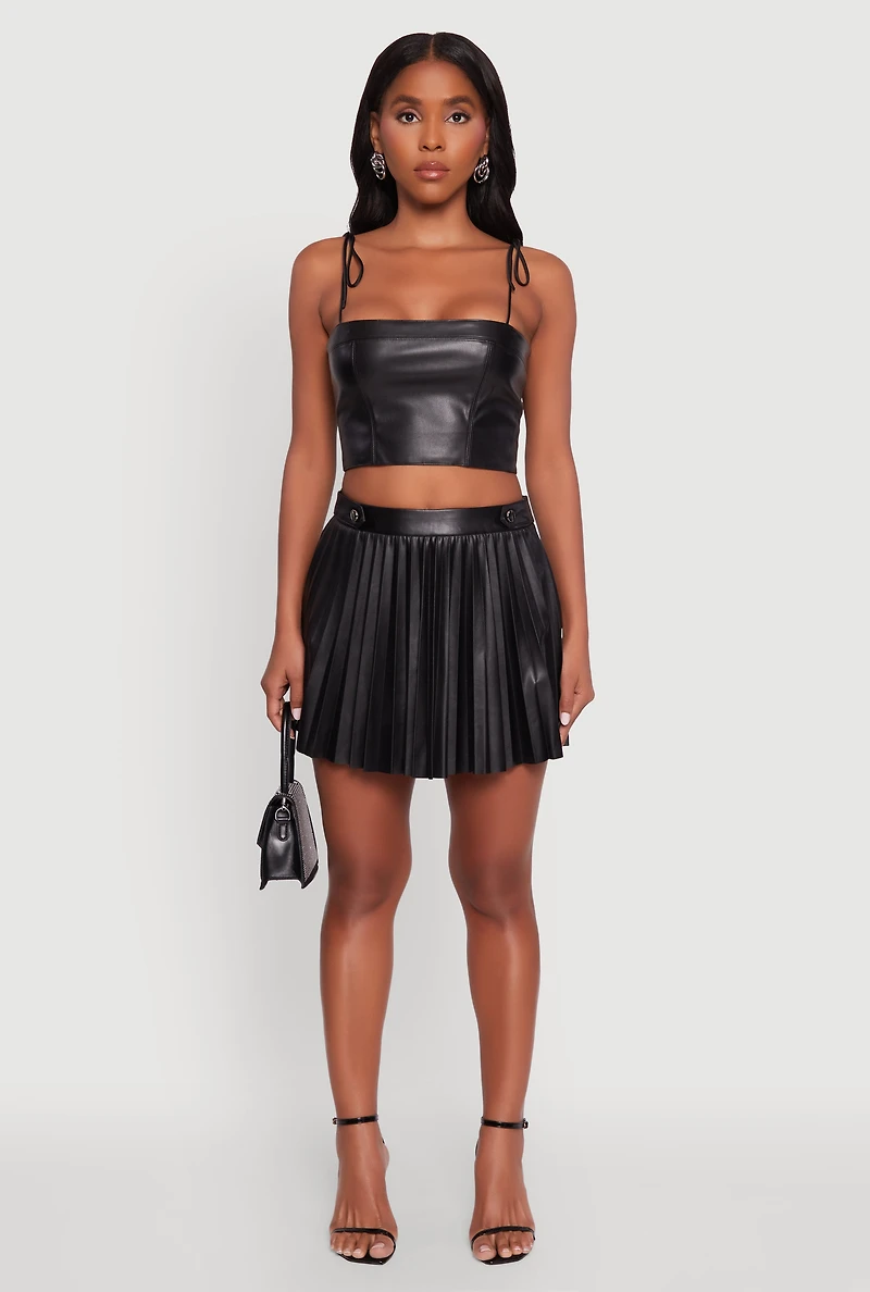 Womens Faux Leather Mini Pleated Skirt, Black,