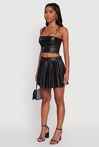 Womens Faux Leather Mini Pleated Skirt, L