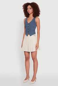 Womens Faux Leather Mini Pleated Skirt, Khaki, Size M