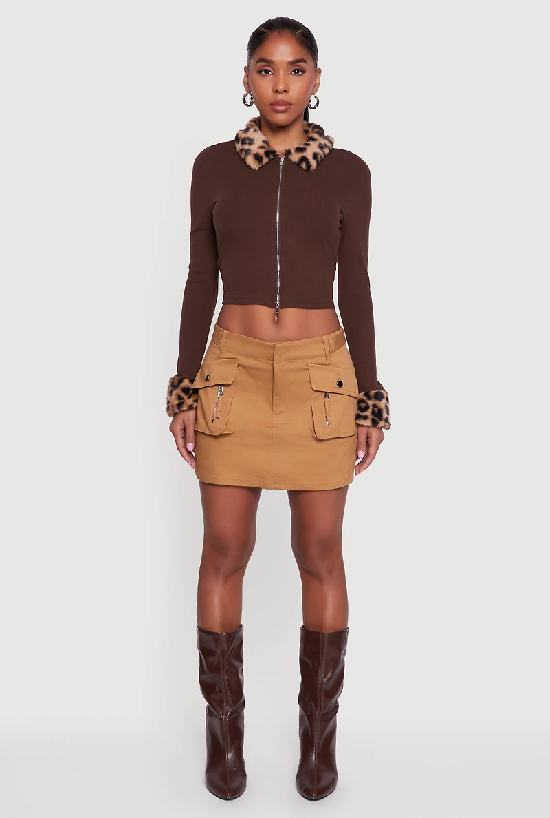 Mid Rise Solid Twill Cargo Mini Skirt