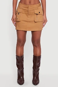 Mid Rise Solid Twill Cargo Mini Skirt