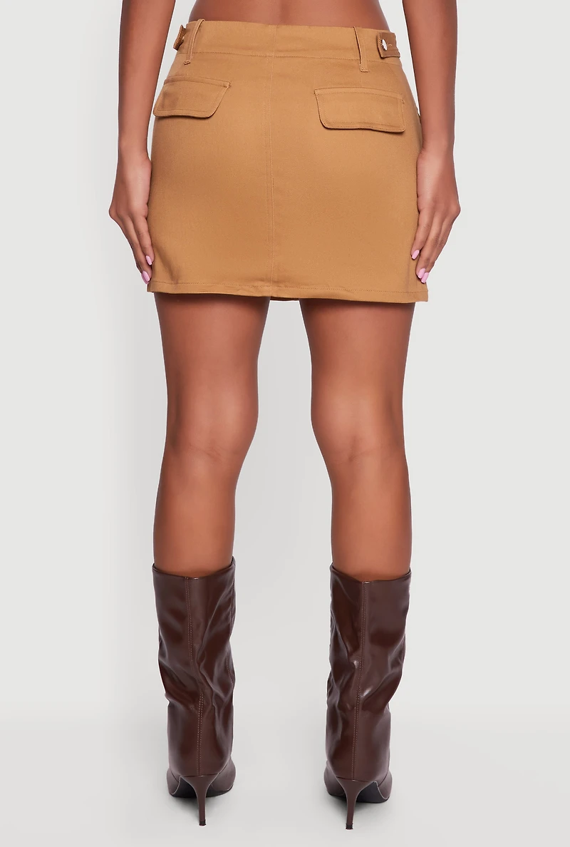 Mid Rise Solid Twill Cargo Mini Skirt