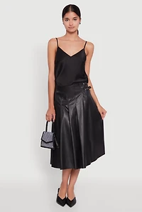 Womens Faux Leather Buckle Detail Midi Pleated Skirt, Black, Size L