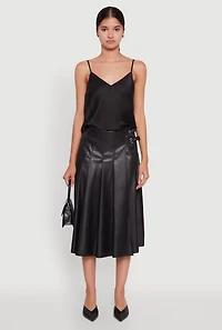 Womens Faux Leather Buckle Detail Midi Pleated Skirt, Black, Size L