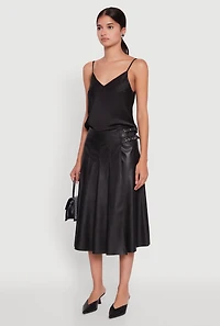Womens Faux Leather Buckle Detail Midi Pleated Skirt, Black, Size L