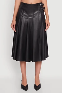 Womens Faux Leather Buckle Detail Midi Pleated Skirt, Black, Size L