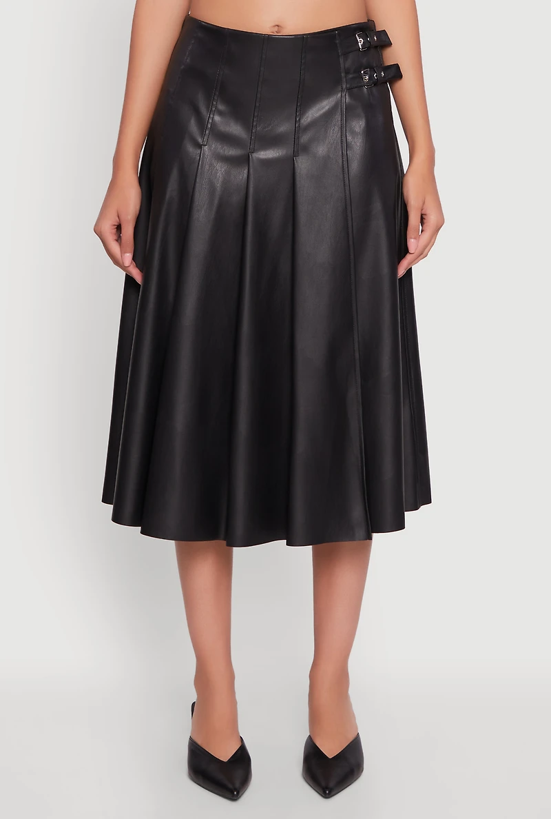 Womens Faux Leather Buckle Detail Midi Pleated Skirt, S