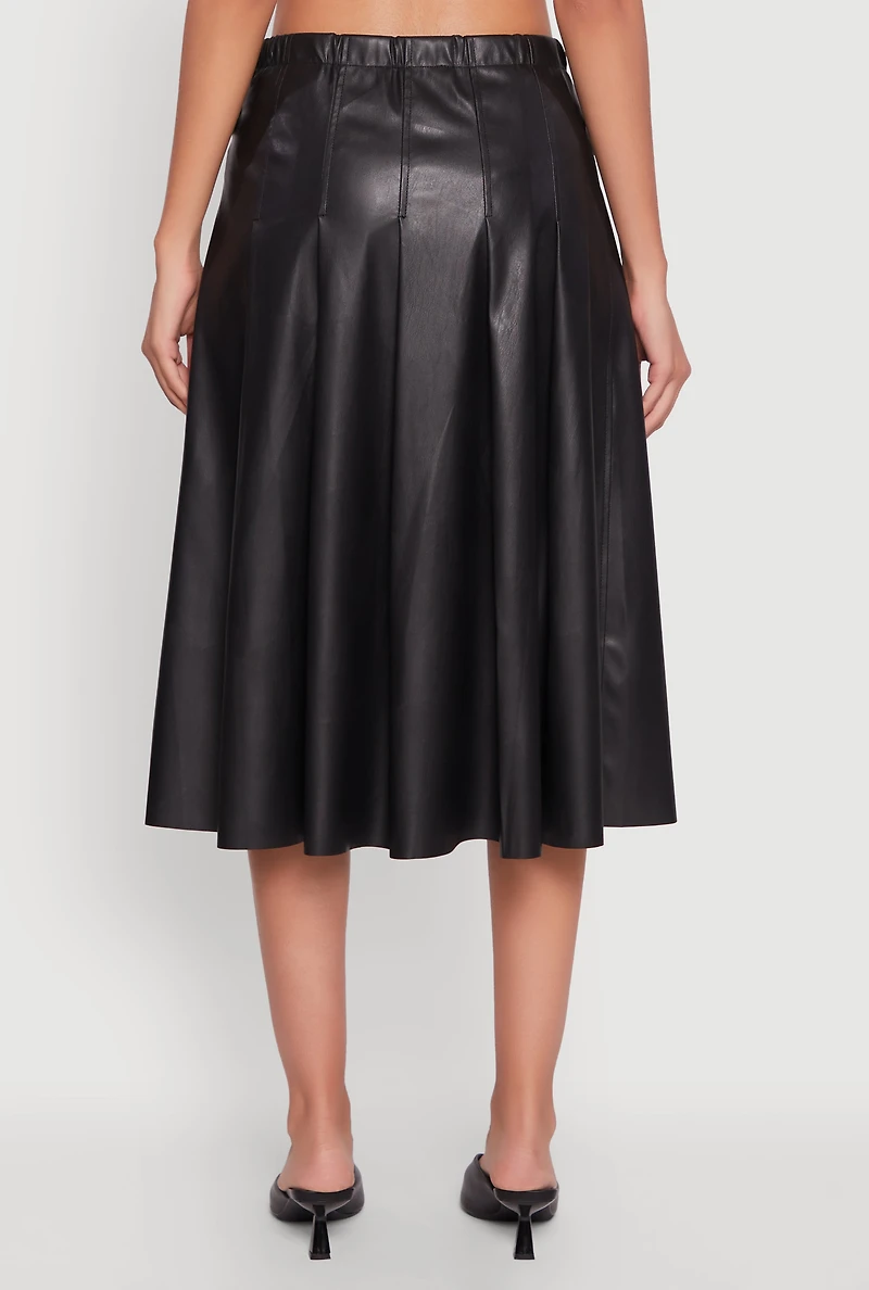 Womens Faux Leather Buckle Detail Midi Pleated Skirt, S