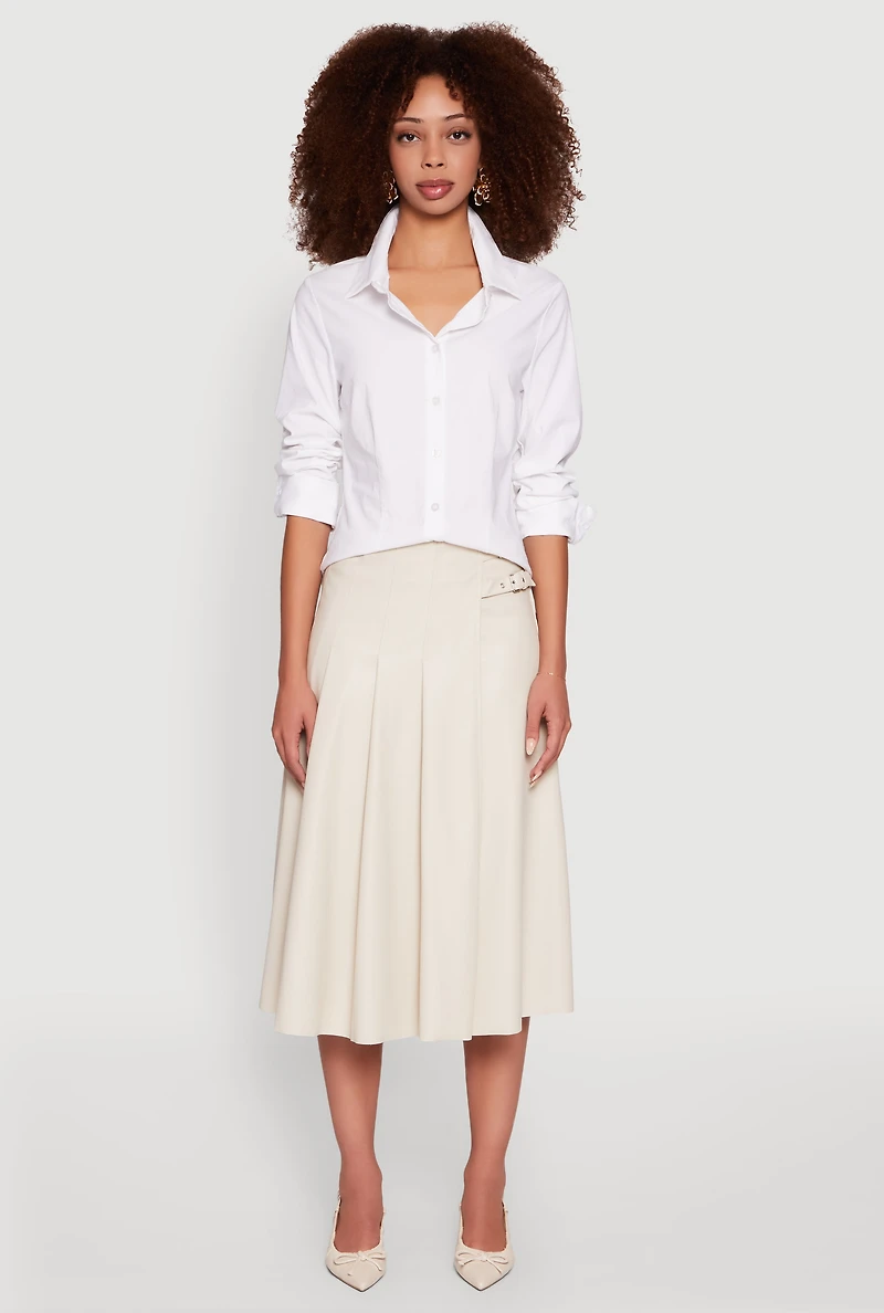 Womens Faux Leather Buckle Detail Midi Pleated Skirt, Khaki, Size S