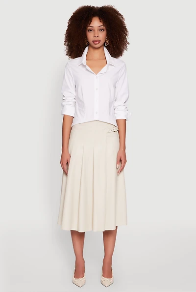 Womens Faux Leather Buckle Detail Midi Pleated Skirt, Khaki, Size S