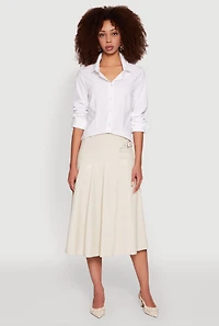 Womens Faux Leather Buckle Detail Midi Pleated Skirt, Khaki, Size S