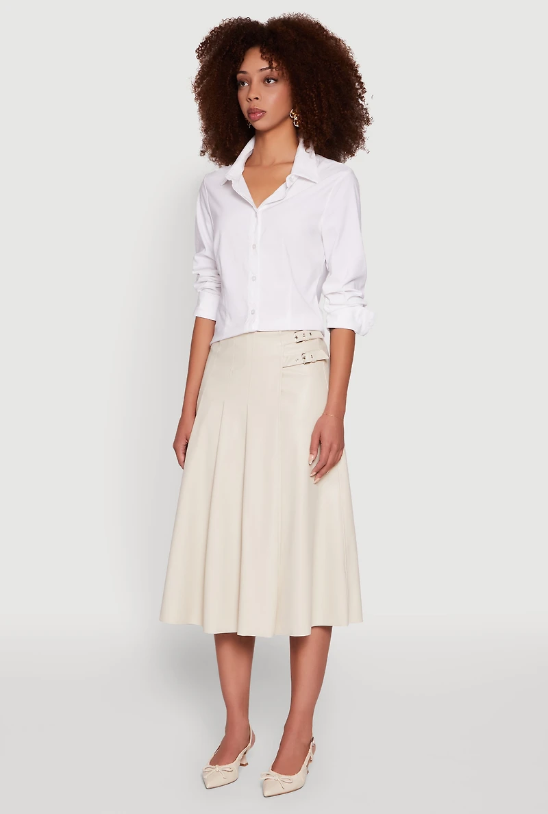 Womens Faux Leather Buckle Detail Midi Pleated Skirt, Khaki, Size L