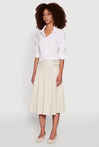 Womens Faux Leather Buckle Detail Midi Pleated Skirt, Khaki, Size L