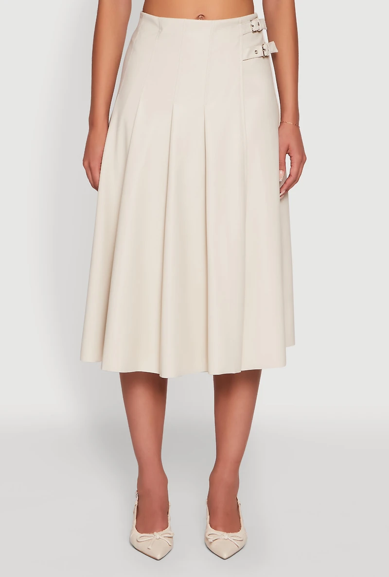 Womens Faux Leather Buckle Detail Midi Pleated Skirt, Khaki, Size L