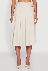 Womens Faux Leather Buckle Detail Midi Pleated Skirt, Khaki, Size L