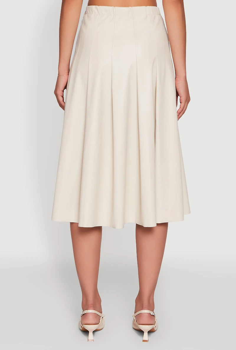 Womens Faux Leather Buckle Detail Midi Pleated Skirt, Khaki, Size L