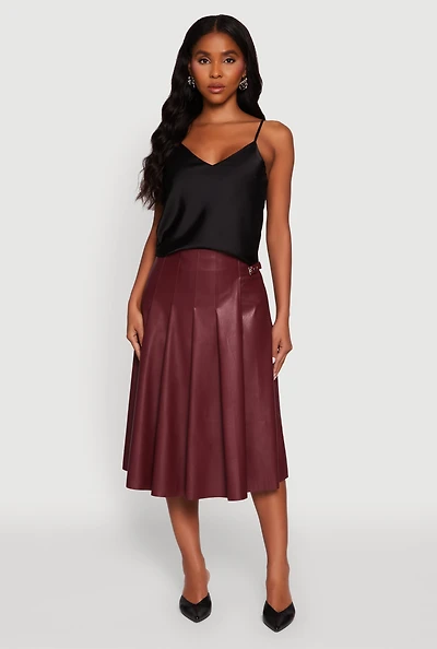 Womens Faux Leather Buckle Detail Midi Pleated Skirt, Burgundy,