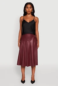 Womens Faux Leather Buckle Detail Midi Pleated Skirt, Burgundy,