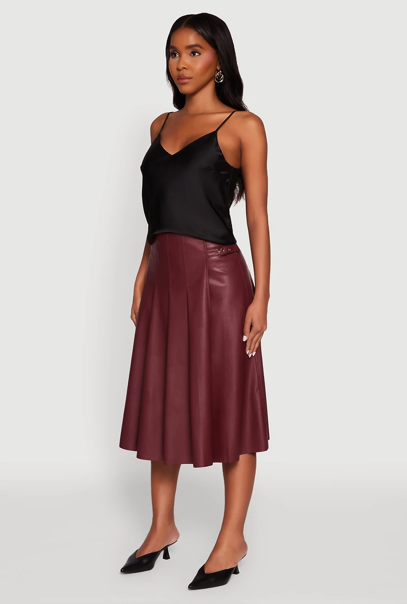 Womens Faux Leather Buckle Detail Midi Pleated Skirt, Burgundy,