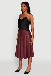 Womens Faux Leather Buckle Detail Midi Pleated Skirt, Burgundy,